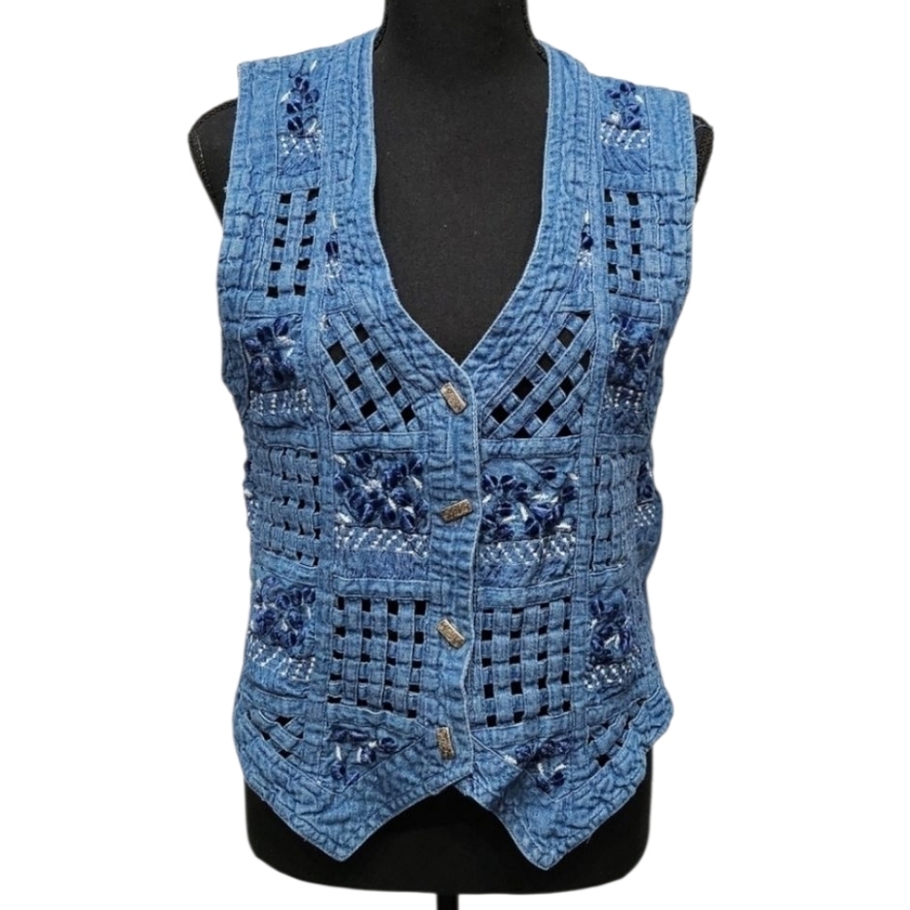 Life Style Vintage Open Lattice Blue Denim 100% Cotton Button Up Vest Size S